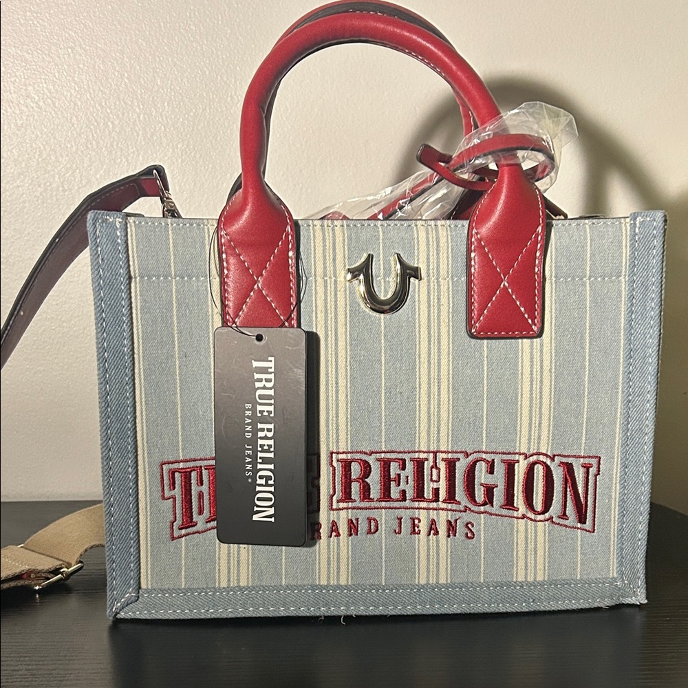 True Religion Denim and Red Leather Tote